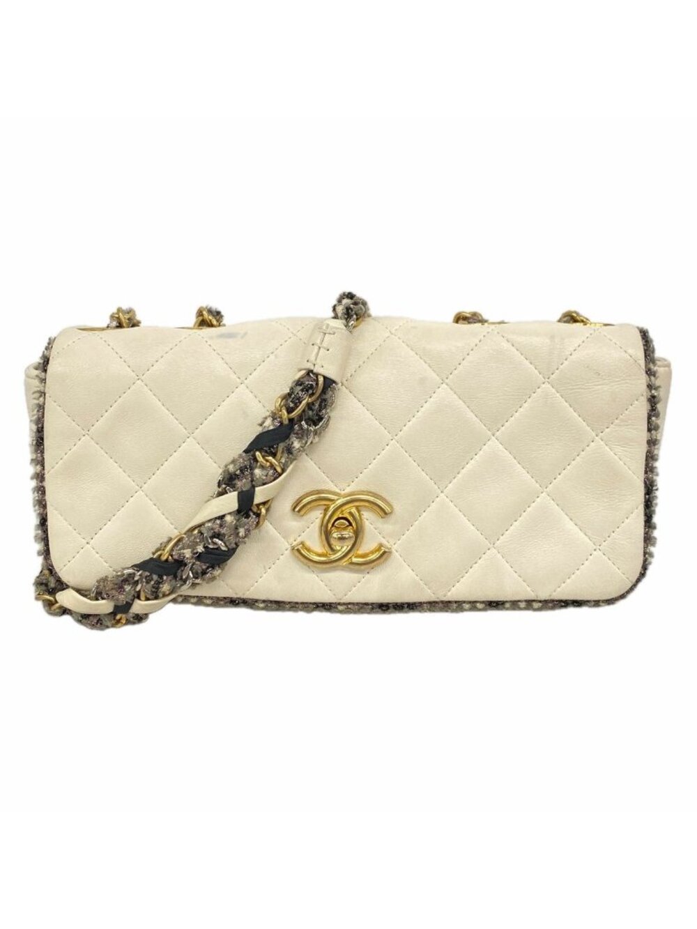 Chanel Shoulder Bag Quilted Lambskin White Gold Silver